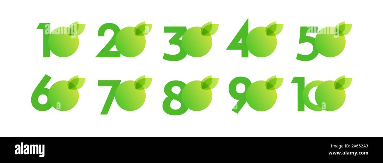 Rabattkonzept. Satz grüner Zahlen. Happy Jubiläum Vorlage. Einkaufsetiketten. Frühling oder Sommer Sammlung von Symbolen. Kreative Symbole mit leeren Symbolen Stock Vektor