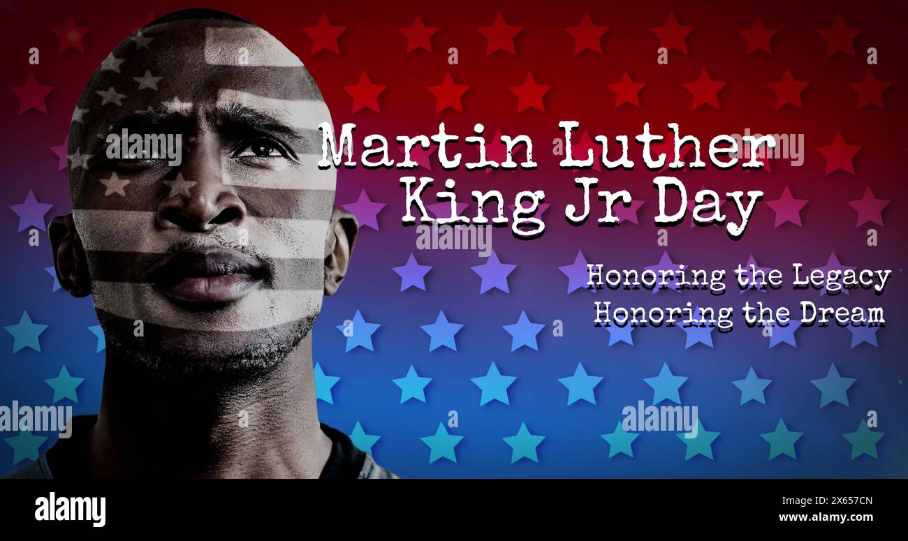 Martin luther King jr Day Textbanner und afroamerikanischer männlicher Athlet auf violettem Hintergrund Stockfoto