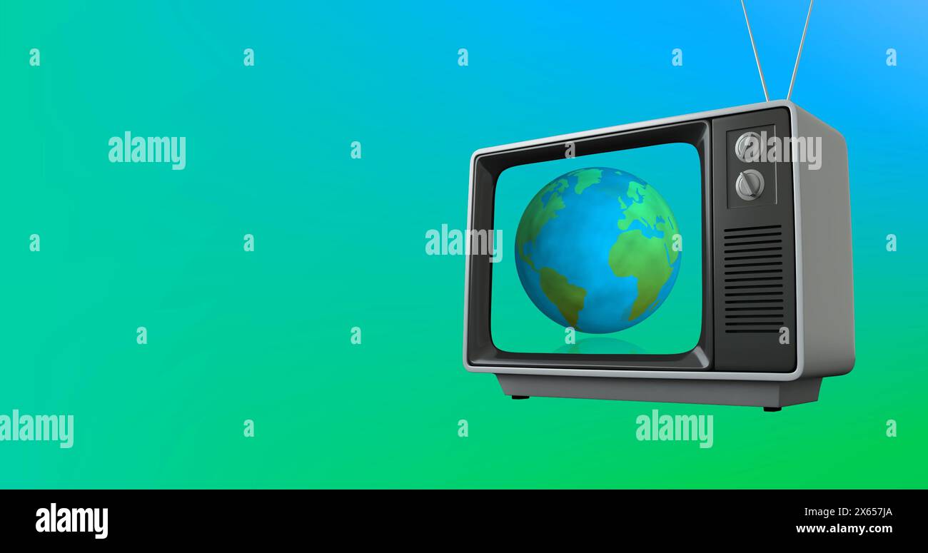 Bild eines Vintage-fernsehers mit Globus auf blauem und grünem Hintergrund Stockfoto