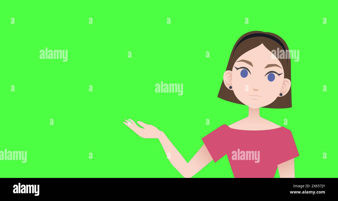 Abbildung der Illustration einer kaukasischen Frau, die spricht und Gesten mit Kopierraum auf grünem Bildschirm macht Stockfoto