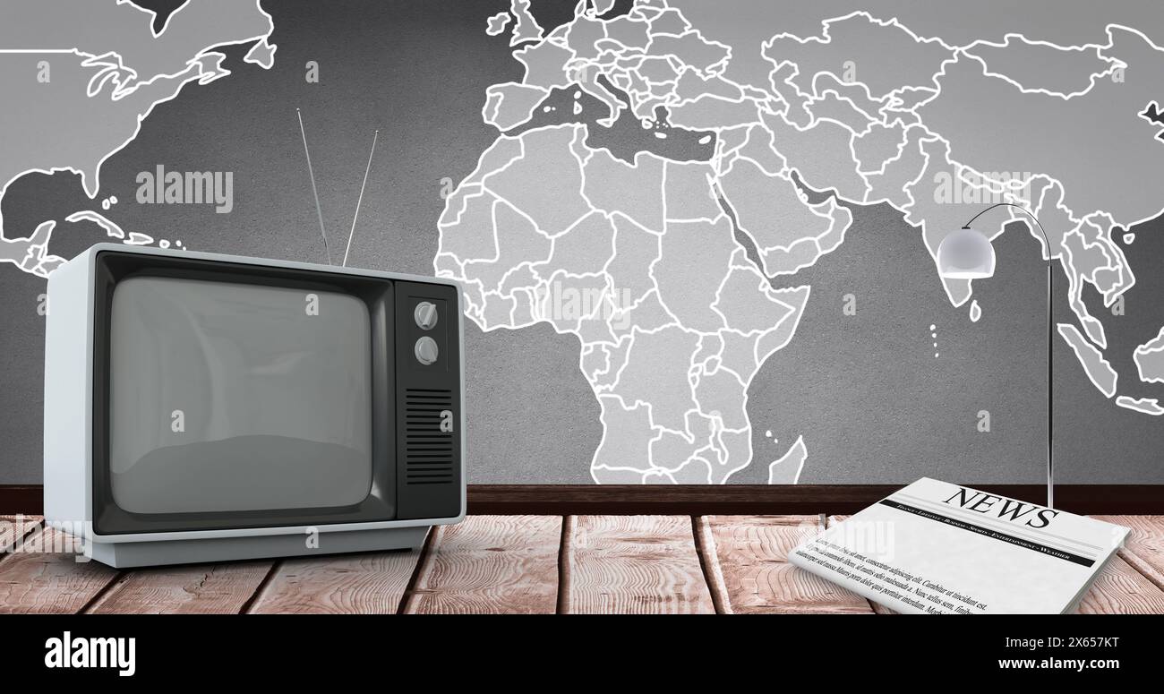 Bild von Vintage-tv über Weltkarte Stockfoto