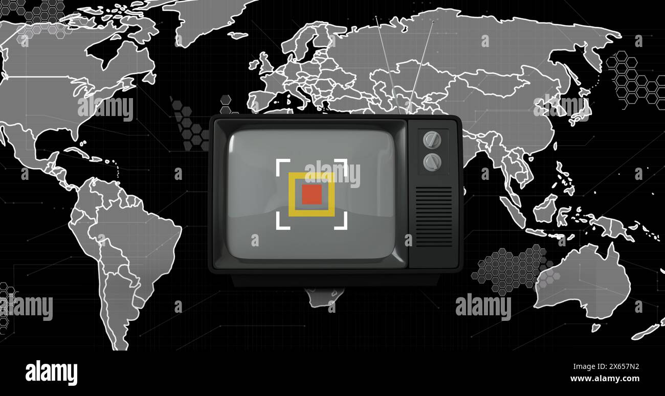 Bild von Vintage-tv und Weltkarte auf schwarzem Hintergrund Stockfoto