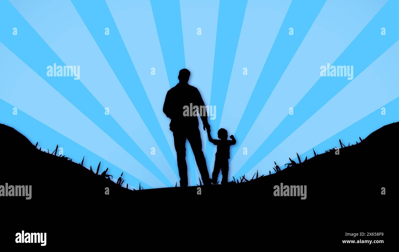 Vater-Kind-Silhouette mit Vatertag-Hintergrund Stockfoto