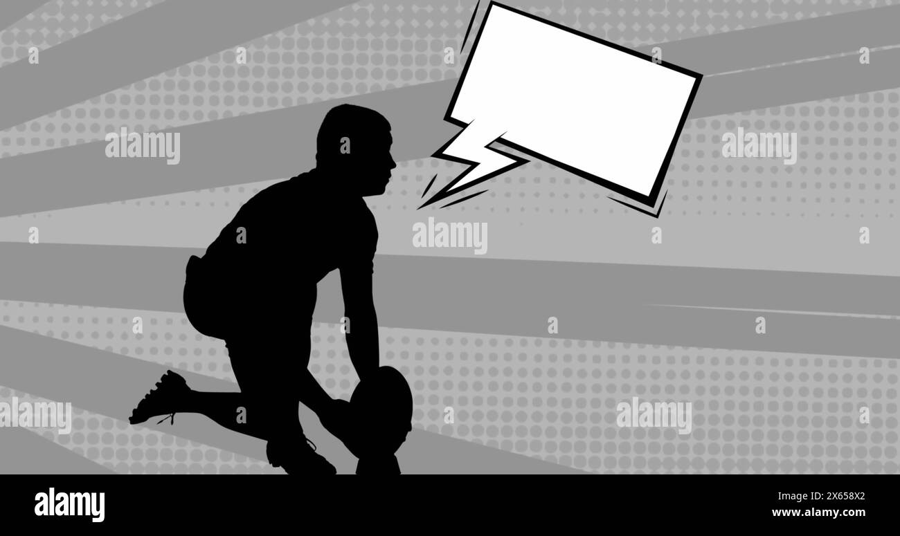 Bild der Silhouette eines Rugby-Spielers mit Sprechblase über Formen auf grauem Hintergrund Stockfoto