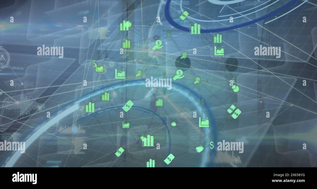 Bild der Datenverarbeitung über Mediensymbole Stockfoto