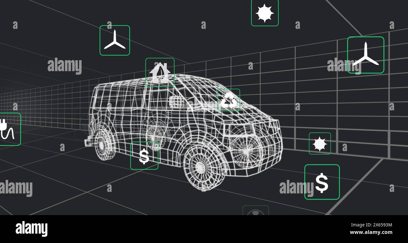 Abbildung von Öko-Symbolen und Datenverarbeitung über technische Zeichnungen des 3D-Fahrzeugs Stockfoto