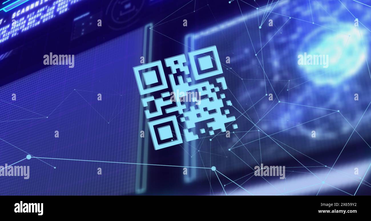 Bild von geschleiften qr-Codes, verknüpften Punkten mit Globus, Computersprache über abstraktem Hintergrund Stockfoto