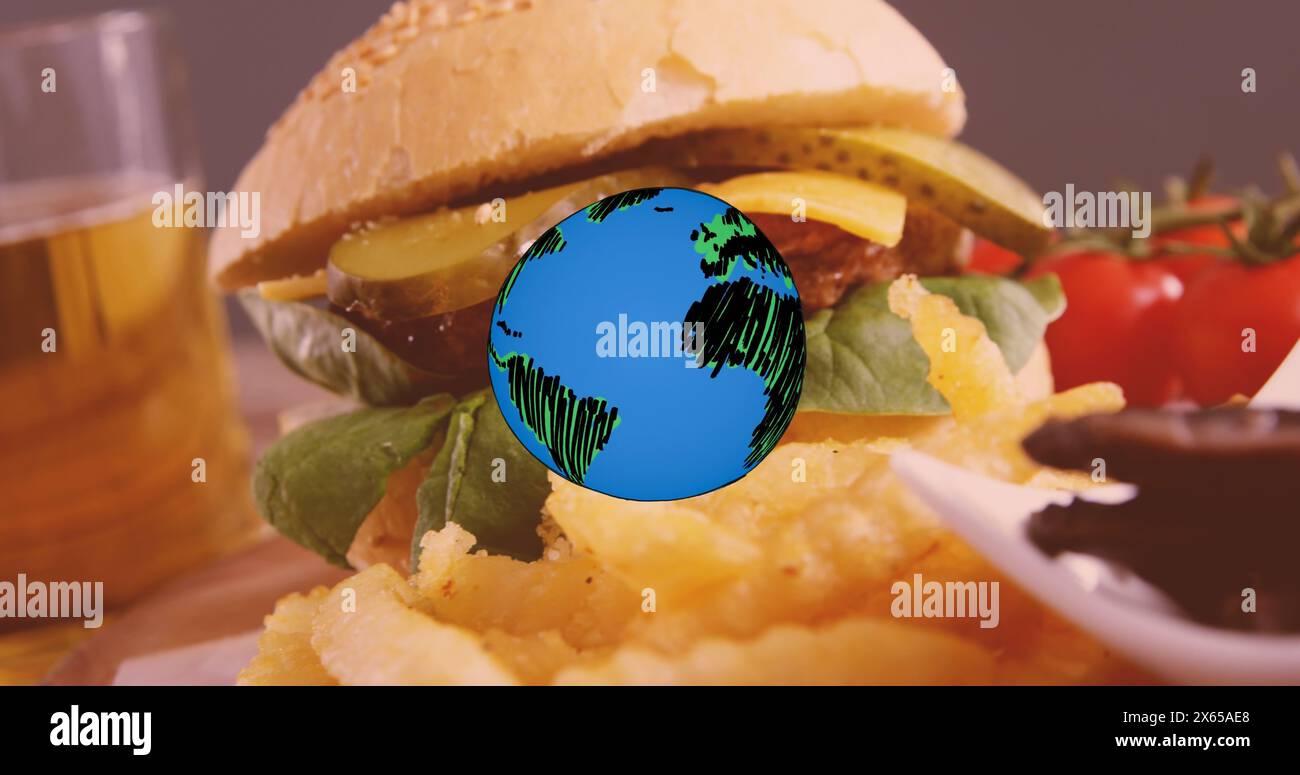 Bild einer Globus-Ikone über Fast Food mit Hamburger, Pommes Frites und Zwiebelringen Stockfoto