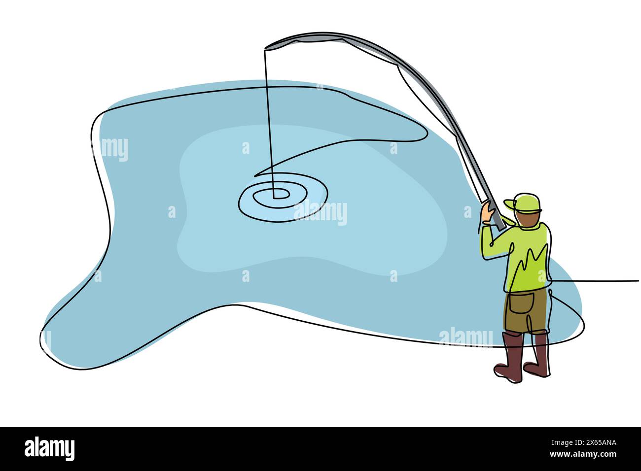 Einzelne durchgehende Linie, die junge Fischer anzieht. Ein Mann steht und genießt Freizeit in der Natur. Banner, Website, Postervorlage. Angeln, Männer's Ou Stock Vektor