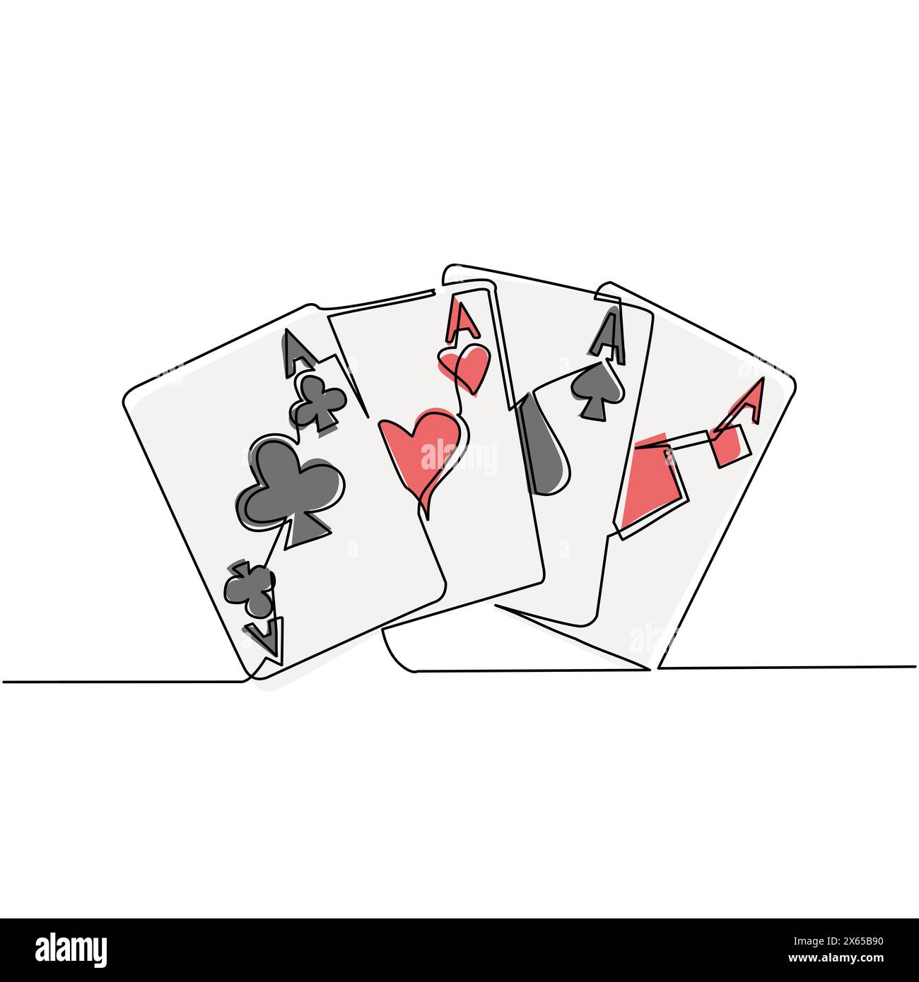 Ein einzeiliger Zeichensatz mit vier Assen, die Kartenanzüge spielen. Pokerhand gewinnen. Set aus Herzen, Pik, Schlägern, Diamanten-Ass. Kartenspiele. Moderne konti Stock Vektor