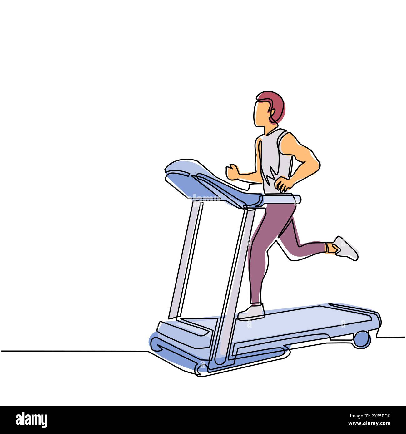 Ein einziger Zeichner, der auf einem motorisierten Laufband läuft. Sportlicher Mann auf elektrischer Trainingsmaschine Cartoon Charakter. Fitnesscenter, Fitnessgerät. Konti Stock Vektor