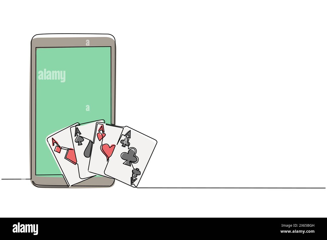 Smartphone mit durchgehender einzeiliger Zeichnung und Set mit vier Assen Spielkarten. Pokerhand gewinnen. Set aus Herzen, Pik, Schlägern und Diamanten-Ass. Si Stock Vektor Smartphone mit durchgehender einzeiliger Zeichnung und Set mit vier Assen Spielkarten. Pokerhand gewinnen. Set aus Herzen, Pik, Schlägern und Diamanten-Ass. Si Stock Vektor