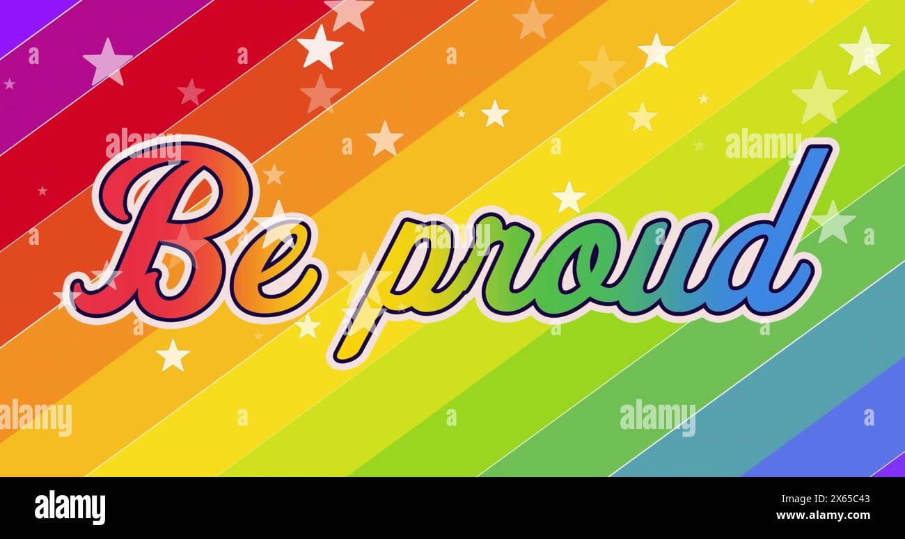 Bild: Be Stolz Text in Regenbogenfarben mit weißen Sternen auf einem gestreiften Hintergrund Stockfoto