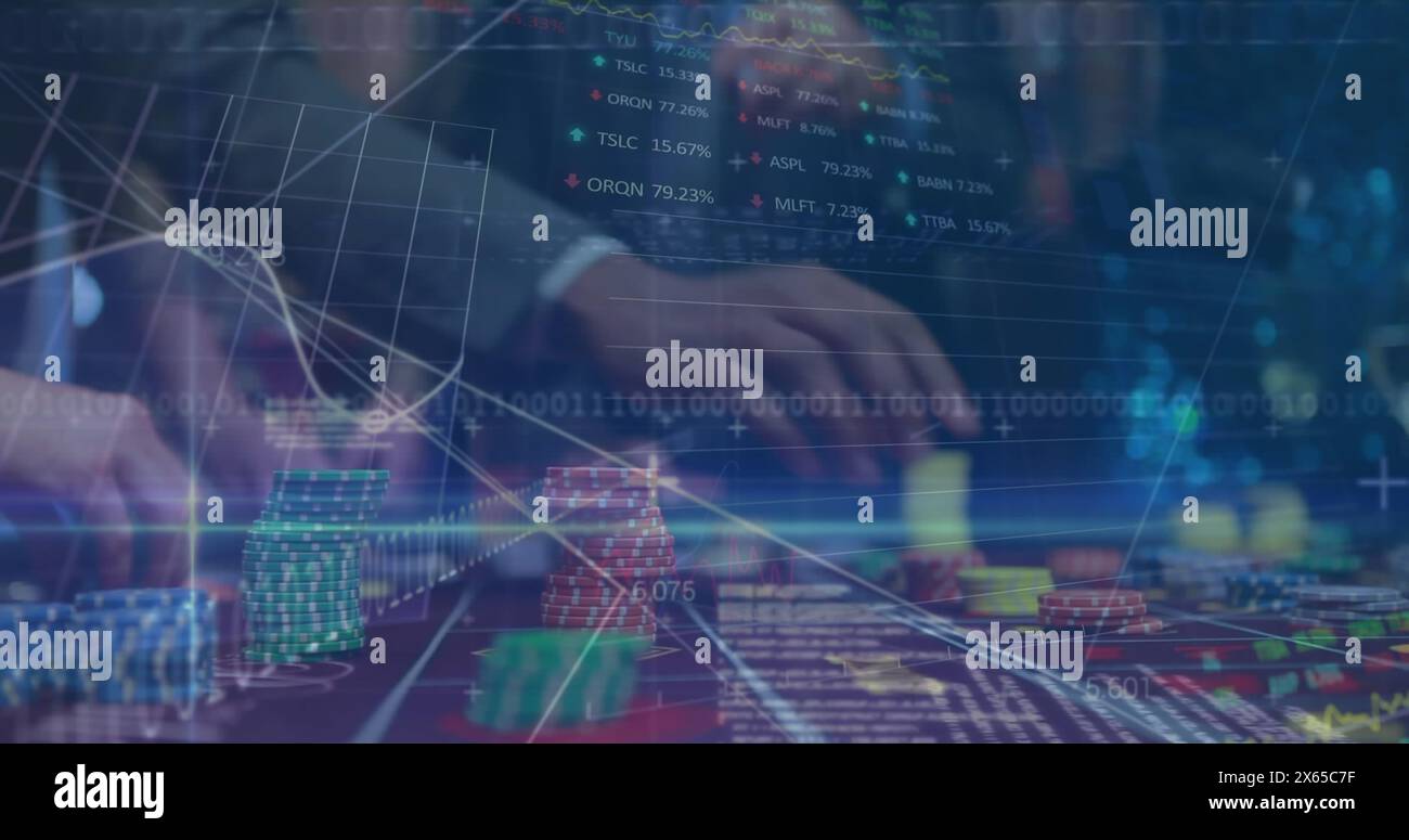 Ein Bild von Statistiken mit Casino-Chips, die auf einen Tisch gestellt werden Stockfoto