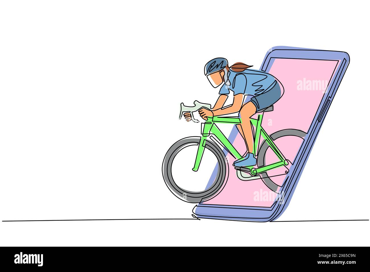 Einzelne durchgehende Linienzeichnung Frau Fahrrad Racer Focus trainieren ihre Geschwindigkeit bei der Trainingseinheit aus dem Smartphone-Bildschirm. Mobile Sportarten spielen matc Stock Vektor