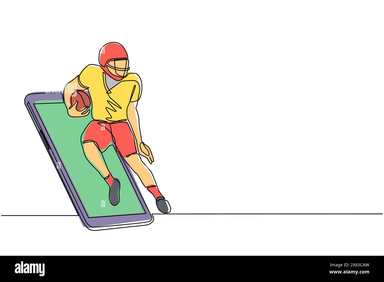 Einzelne durchgehende Linie zeichnet american Football Spieler läuft aus dem Smartphone-Bildschirm. Mobile Sportarten spielen Spiele. Online american Football Stock Vektor