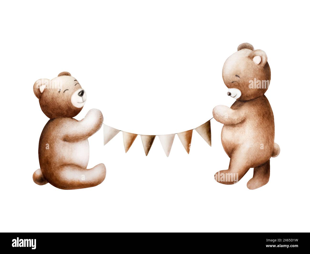 Cartoon-Teddybären mit Geburtstagskranz aus braunen und beigen Fahnen. Handgezeichnete Dreieck-Aquarellillustration isoliert auf Hintergrund. Urlaub und fe Stockfoto