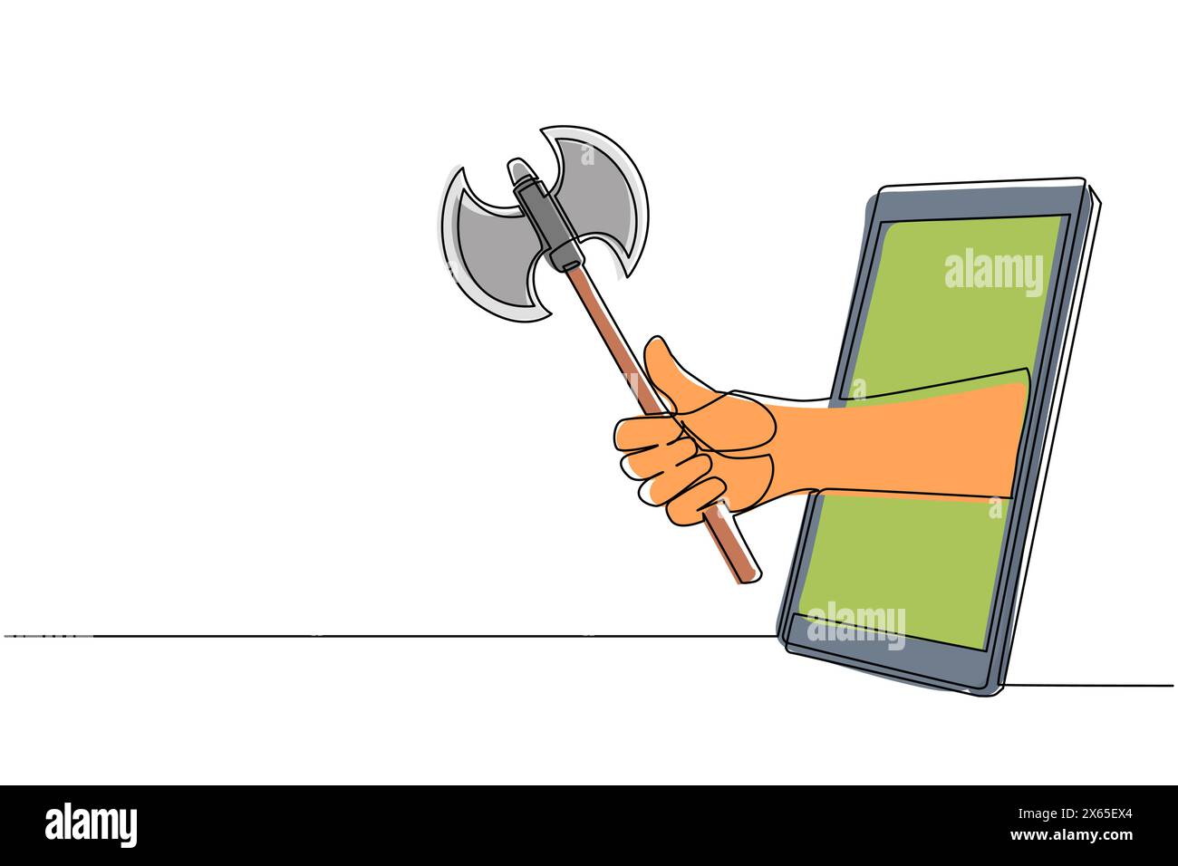 Einzelne durchgehende Zeichnungshand, die die beidseitige Axt durch das Mobiltelefon hält. Konzept von Videospielen, E-Sport, Entertainment-Anwendung für Smartph Stock Vektor
