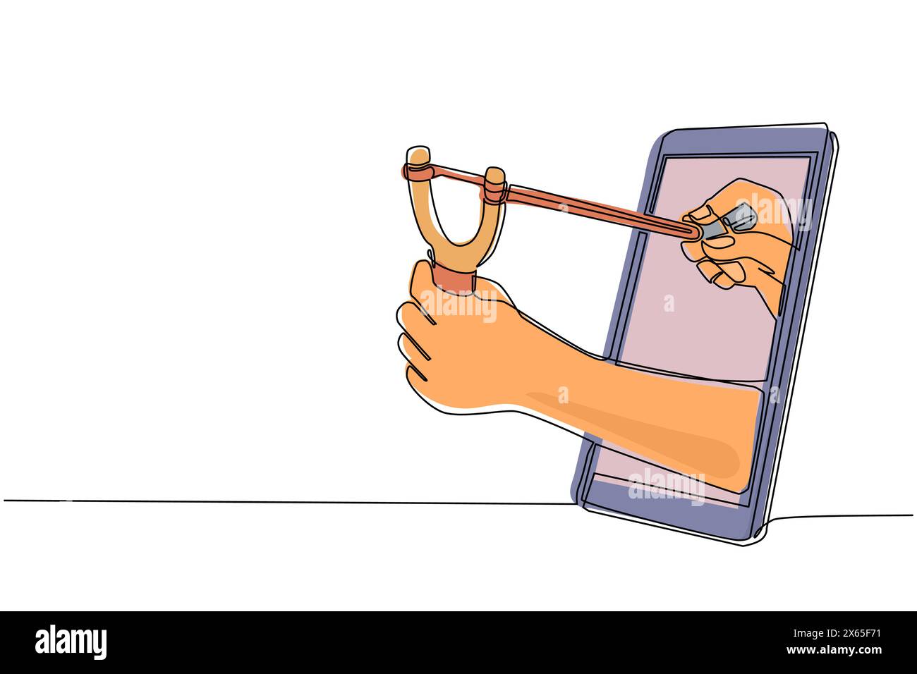 Eine einzelne einzeilige Zeichenhand, die Holzschleuder durch das Mobiltelefon hält. Konzept von Videospielen, E-Sport, Entertainment-Anwendung für Smartphones Stock Vektor