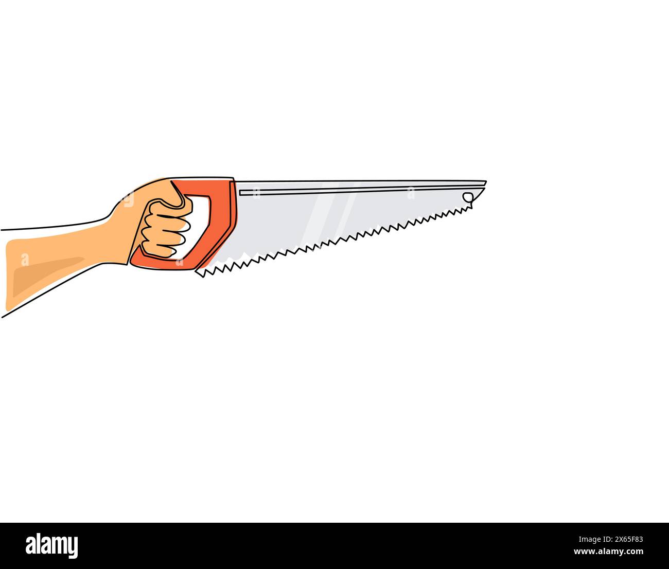 Handsäge mit durchgehender einzeiliger Zeichnung. Säge auf Holz zum Sägen von Brettern, Sperrholz. Werkzeugmonteur, Zimmermann. Bügelsäge aus Stahl für die Arbeit mit Brettern. Si Stock Vektor