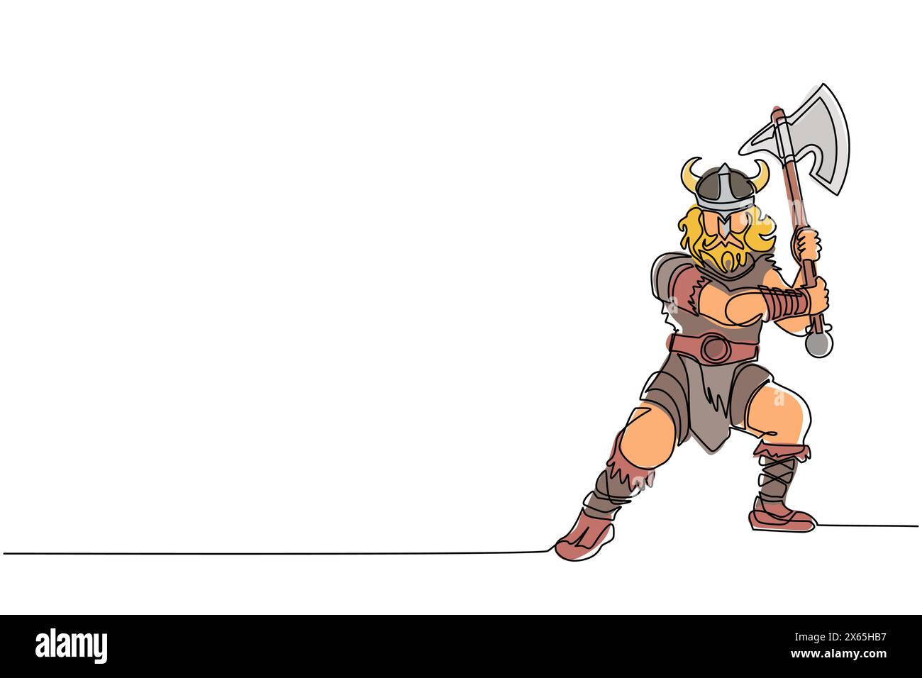 Eine durchgehende Linie, die wikinger-Krieger-Maskottchen schwingende Axt zeichnet. Wikinger-Schaukel-Angriff mit Axt. Wikinger-Krieger-Räuber Barbar mit gehörntem Helmschalter Stock Vektor Eine durchgehende Linie, die wikinger-Krieger-Maskottchen schwingende Axt zeichnet. Wikinger-Schaukel-Angriff mit Axt. Wikinger-Krieger-Räuber Barbar mit gehörntem Helmschalter Stock Vektor