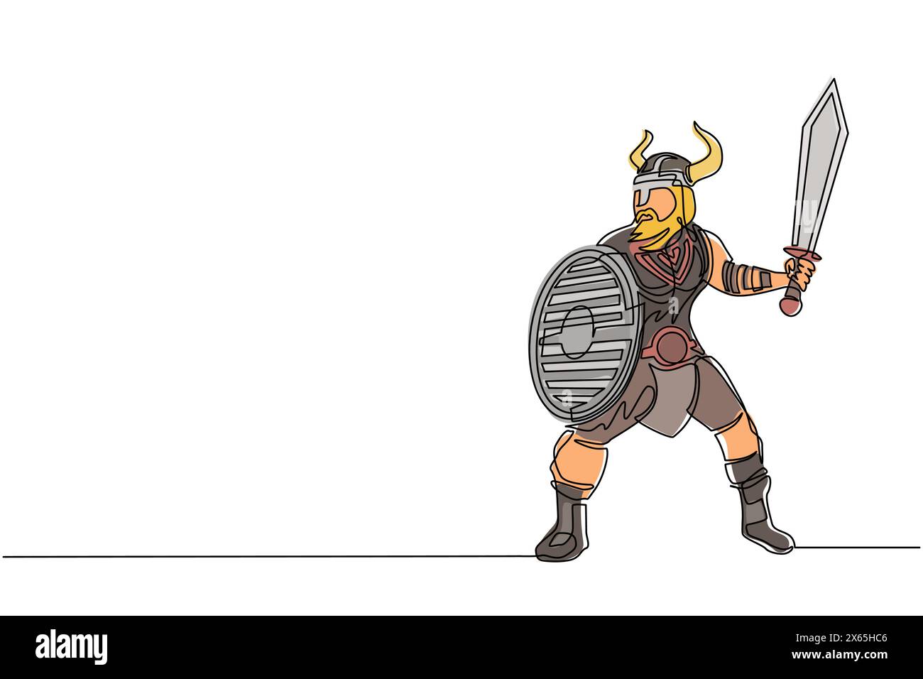 Durchgehende Linie, die große, muskulöse orange Krieger wikinger mit Schwert und Schild zieht wütend an. Wikinger in gehörntem Helm mit Schwert A Stock Vektor