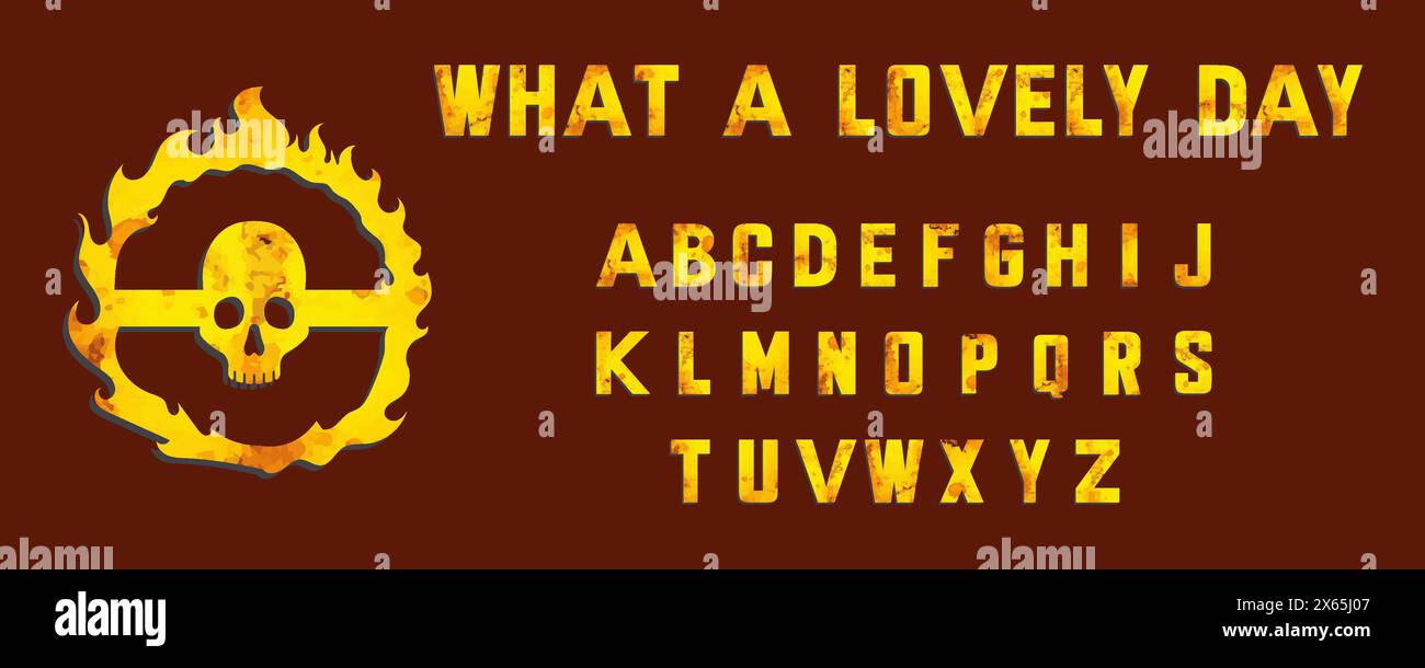 Kräftiges gelbes Alphabet mit verchromter, rostiger, ölbeschichteter Textur. Verzerrt und schmutzig. Perfekt für Autos, Rallye, Garage-Logo. Stock Vektor