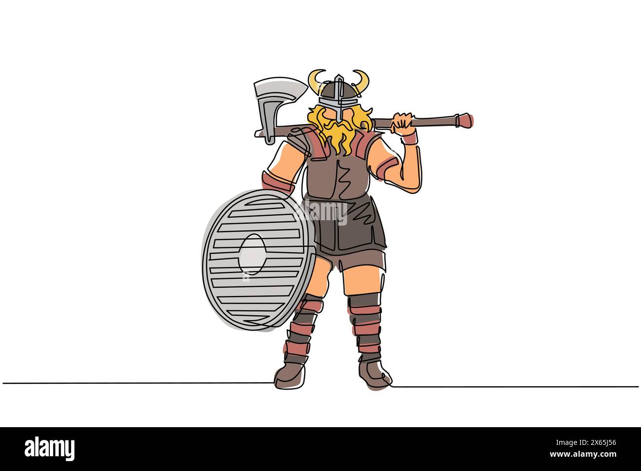 Einzelne durchgehende Linie, die den norseman wikinger-Raider-Barbar mit Gehörntem Helm mit Barthälter Axt und Schild auf isoliertem weißem Rücken trägt Stock Vektor