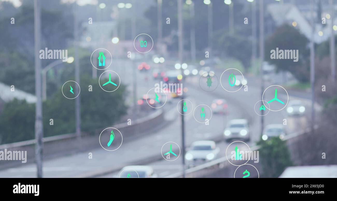 Digitale Symbole überlagern den geschäftigen Stadtverkehr und symbolisieren intelligente Verkehrsmittel Stockfoto