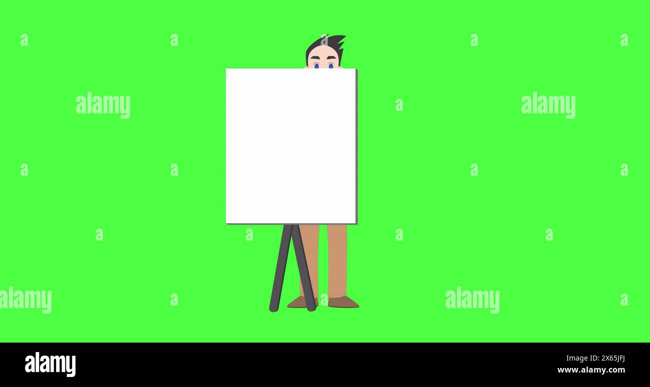 Bild der Illustration eines kaukasischen Mannes mit Whiteboard, der mit einem Kopierraum auf dem grünen Bildschirm spricht Stockfoto