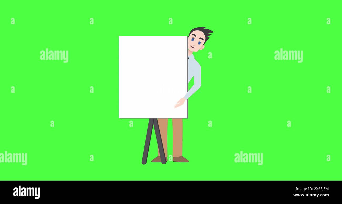Bild der Illustration eines kaukasischen Mannes mit Whiteboard, der mit einem Kopierraum auf dem grünen Bildschirm spricht Stockfoto