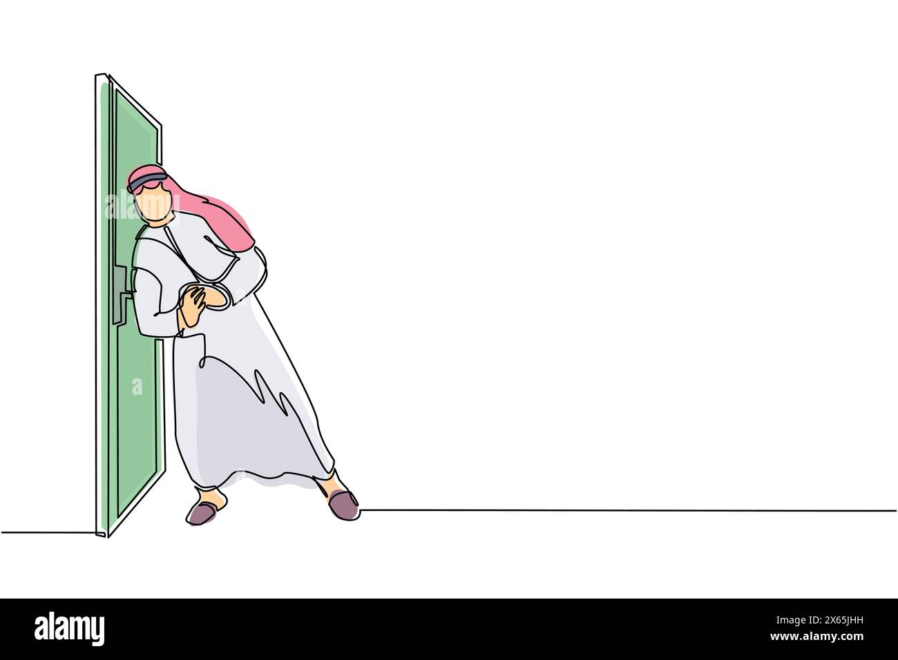 Durchgehende einzeilige Zeichnung Arabischer Geschäftsmann Running will die Tür einbrechen. Geschäftliche Schwierigkeiten. Stärke für Erfolg. Öffnen geschlossener Türen. S Stock Vektor