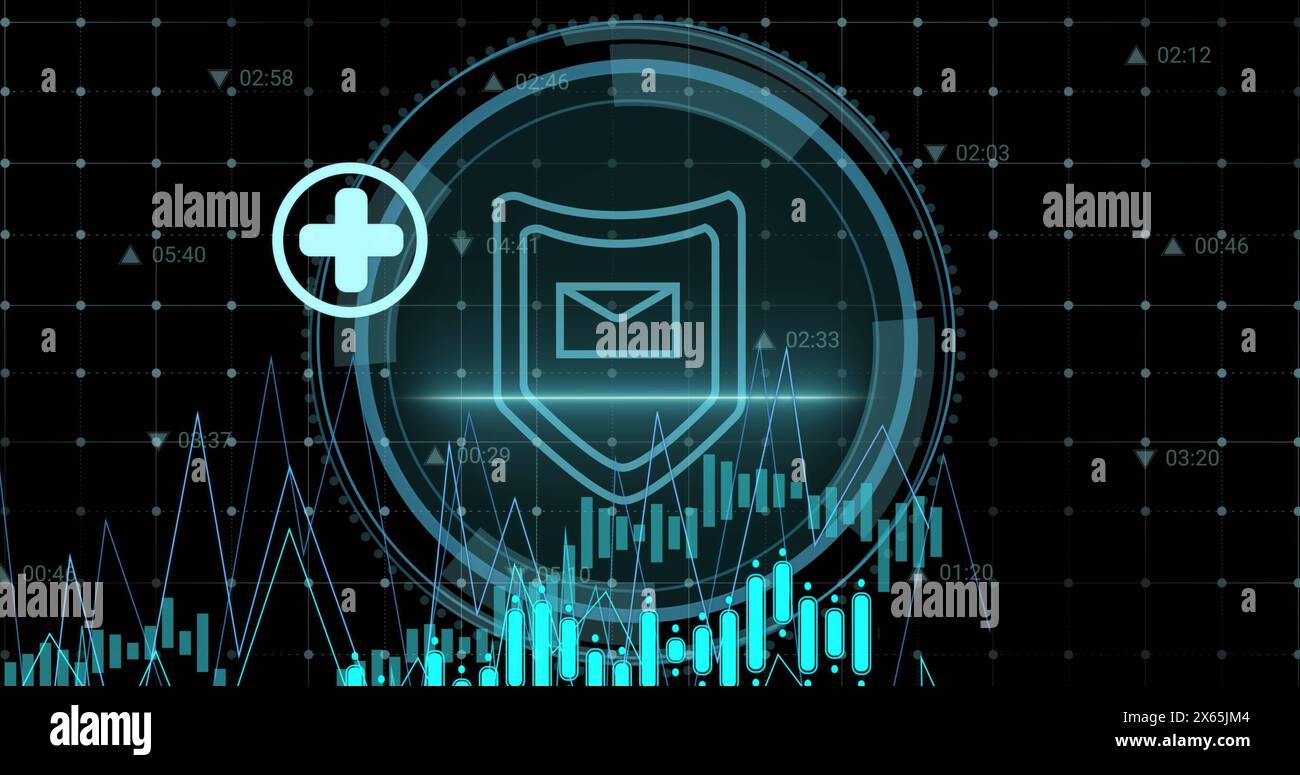 Bild von Datenverarbeitung und digitalen Symbolen über Cyber-Sicherheitstext und Sicherheitsschild-Symbol Stockfoto