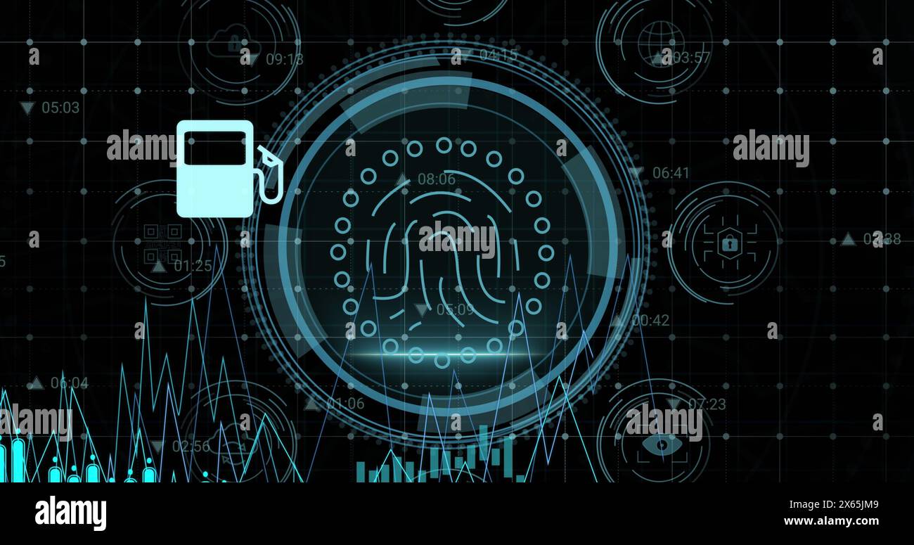 Bild der Datenverarbeitung und des digitalen Symbols über biometrischem Fingerabdruckscanner auf schwarzem Hintergrund Stockfoto