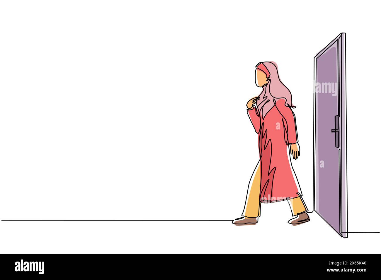Eine durchgehende Linie zeichnet arabische Geschäftsfrau, die eine geschlossene Tür verlässt. Neue Unternehmen. Einstieg in einen neuen Markt. Karriereentwicklungskonzept Stock Vektor