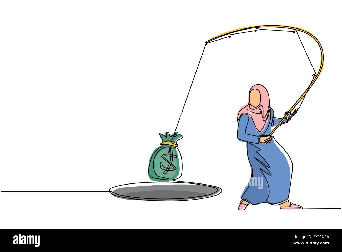 Eine einzige durchgehende Linie, die eine arabische Geschäftsfrau mit Angelrute hält, bekam eine große Geldtüte aus dem Loch. Frau, die mit Angelrute Geld fängt. Busin Stock Vektor