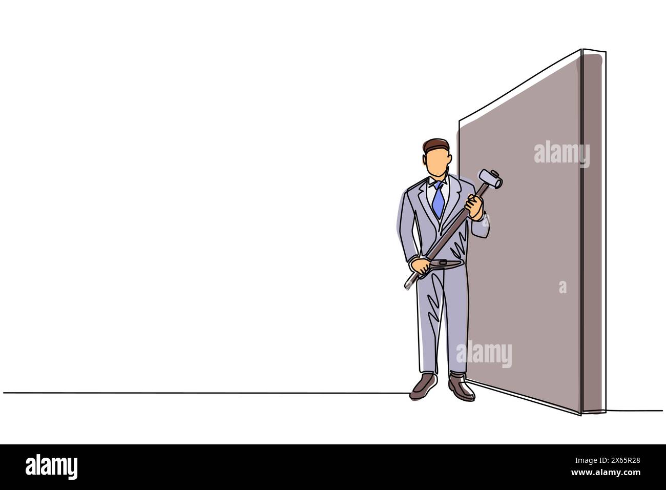 Eine einzelne Linie zeichnet Geschäftsmann, der steht und einen großen Hammer hält, während er zur Wand zeigt. Zielerreichung, Geschäftsstrategie. Erfolgreiche Überwindung Stock Vektor