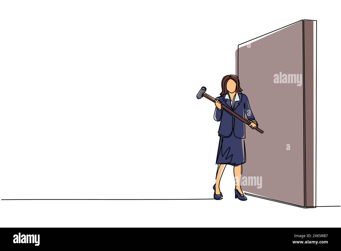 Einzelne durchgehende Linienzeichnung Geschäftsfrau stehend und hält einen großen Hammer, während sie zur Wand zeigt. Zielerreichung, Geschäftsstrategie. Erfolgreich ov Stock Vektor