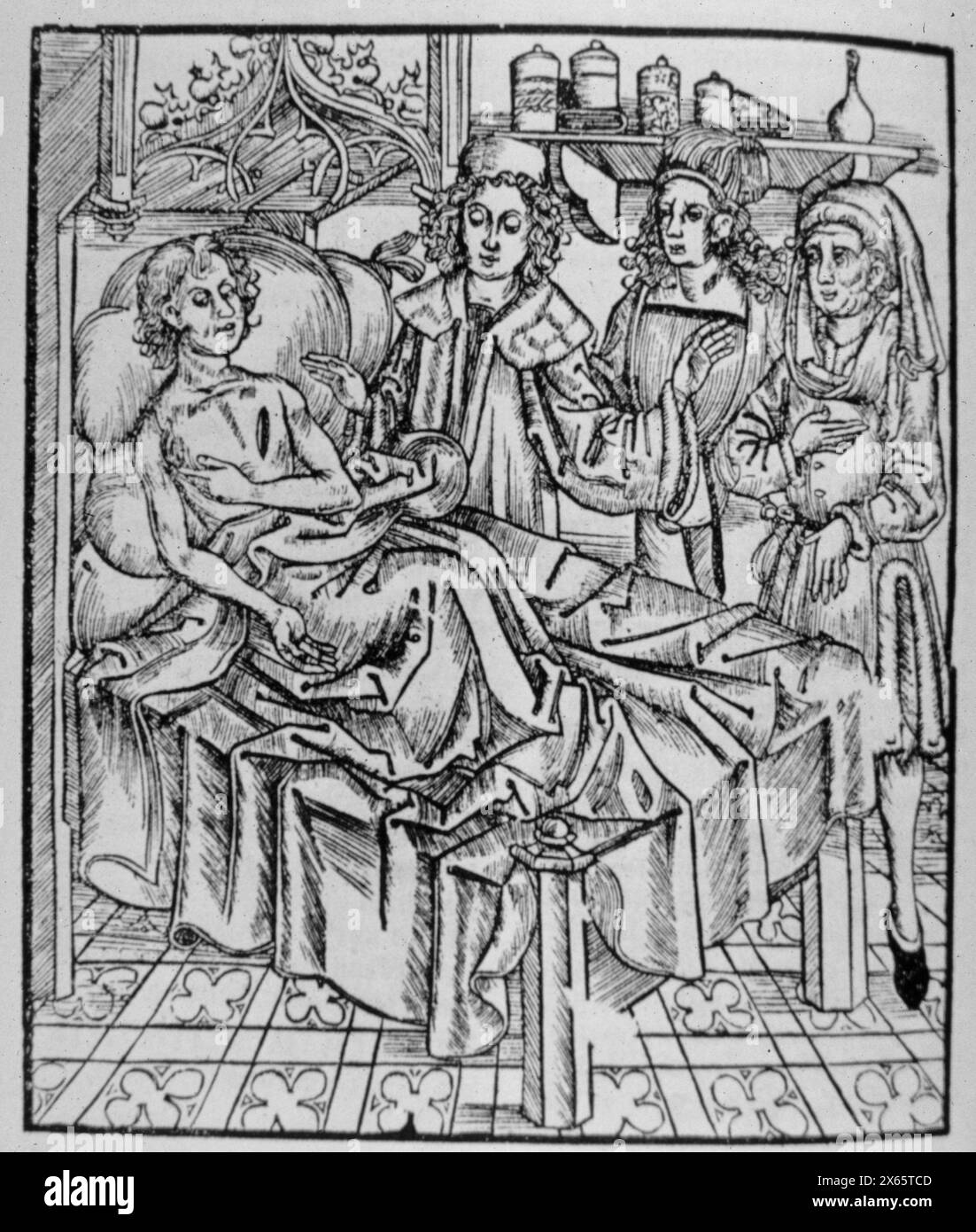 Ein Pestopfer mit drei Arzten, Holzschnitt aus das Buch der Cirurgia von Hieronymus Brunschwig 15. Jahrhundert Stockfoto