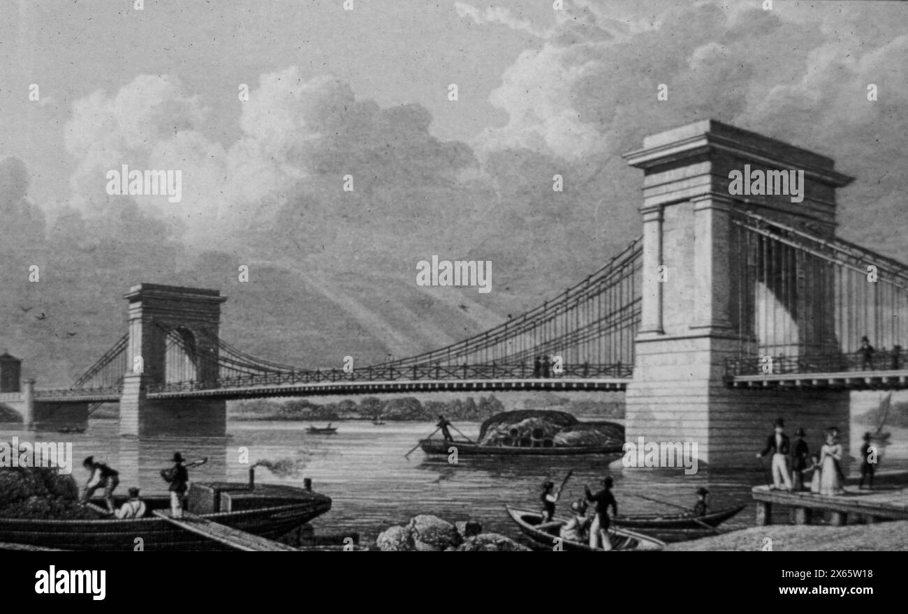 Hängebrücke über die Themse bei Hammersmith, England 1828, Illustration Stockfoto