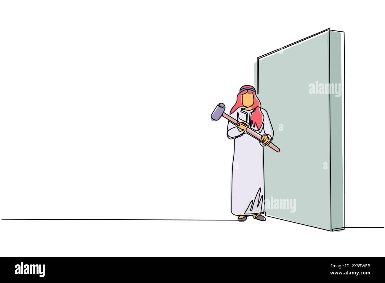 Eine durchgehende Linie zeichnet arabischer Geschäftsmann, der einen großen Hammer hält, während er der Wand zugewandt ist. Zielerreichung, Geschäftsstrategie. Erfolgreich o Stock Vektor