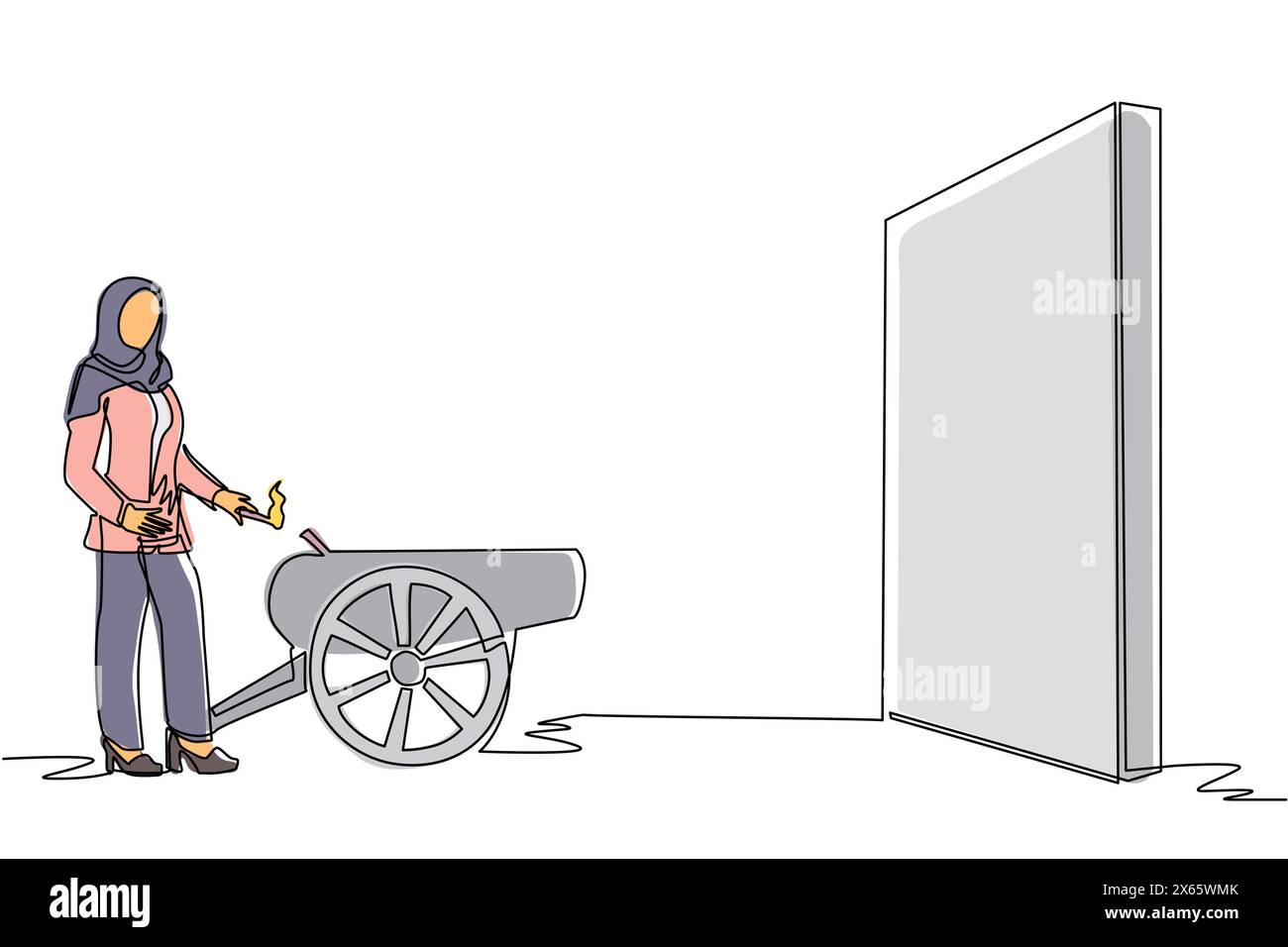 Die arabische Geschäftsfrau zündet Kanonen vor der Mauer und will zerstören. Gründung eines neuen Unternehmens durch Zerstörung von Obstac Stock Vektor