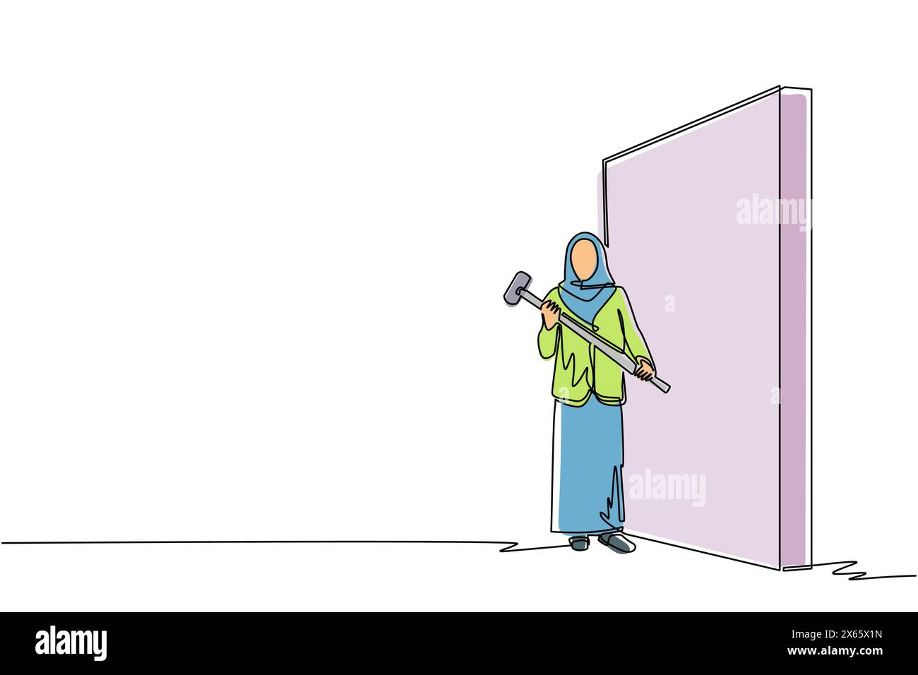Eine durchgehende Linie zeichnet arabische Geschäftsfrau, die steht und einen großen Hammer hält, während sie der Wand gegenübersteht. Zielerreichung, Geschäftsstrategie. Erfolgreich o Stock Vektor