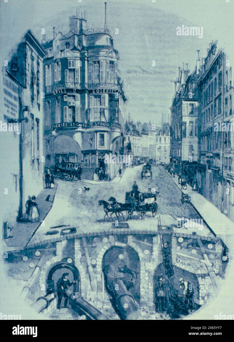 Unterirdische Straße in Paris Mitte des 19. Jahrhunderts, Illustration Stockfoto