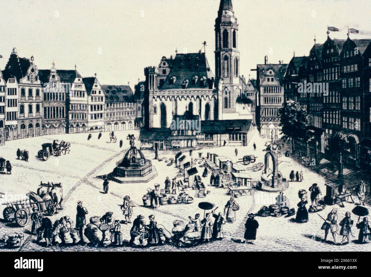 Detail des Marktplatzes in Frankfurt, Deutschland, Illustration des 18. Jahrhunderts Stockfoto