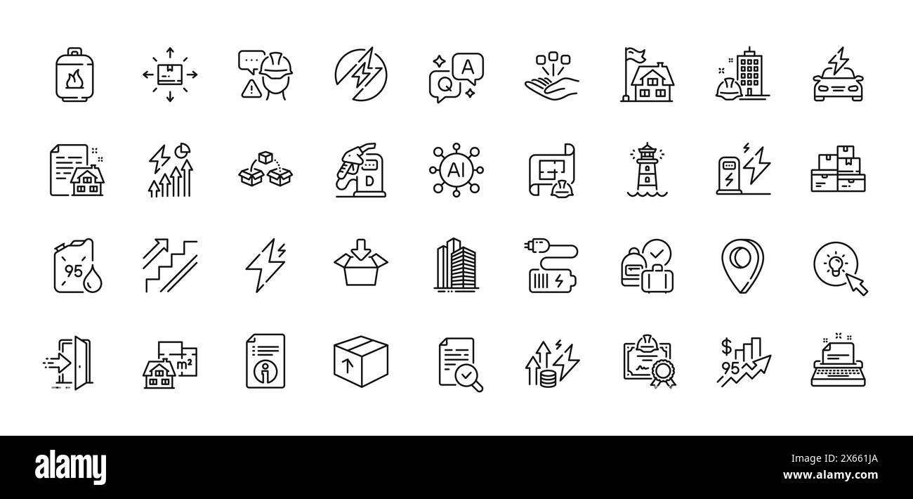 Icons für Stromverbrauch, Eingang und Paketversand. Für Web-App. Zeilensymbole. Vektor Stock Vektor