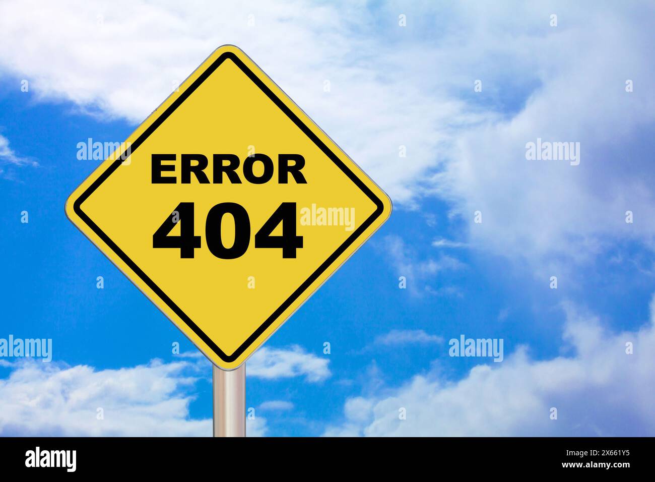 Diamantförmiges Kreuzzeichen mit gelbem Hintergrund und schwarzem Rand mit „Error 404“ in der Mitte. Stockfoto