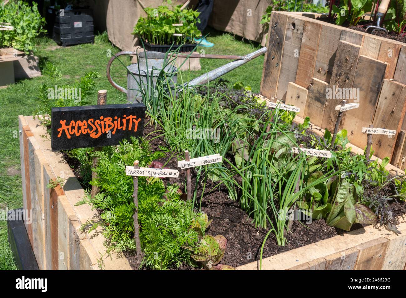 Barrierefreies Schild in einem barrierefreien Garten mit Hochbeet für den Anbau von Pflanzen Gemüseanbau Gemüseanbau Stockfoto