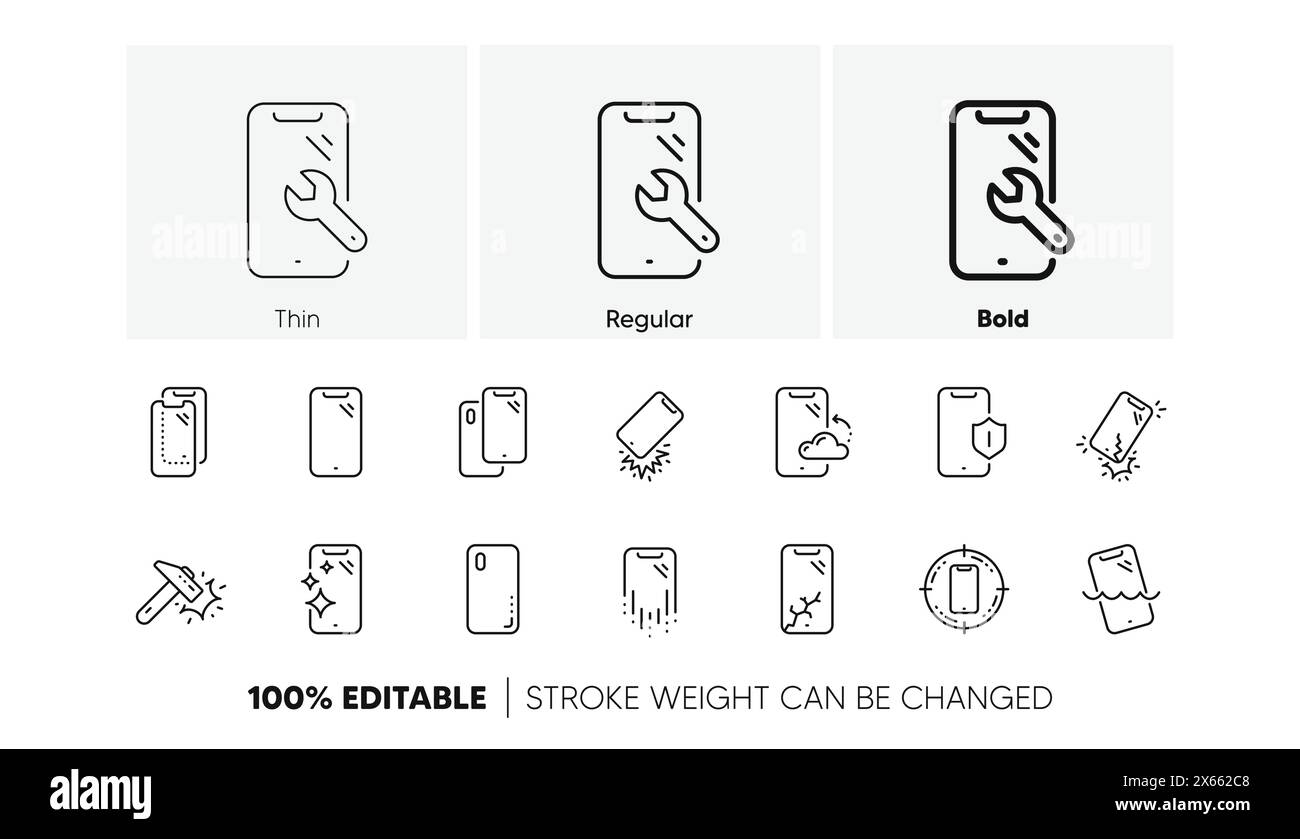 Symbole für die Schutzlinie des Smartphones. Gehärtetes Glas, Displayschutz und wasserabweisend. Lineares Set. Zeilensymbole. Vektor Stock Vektor