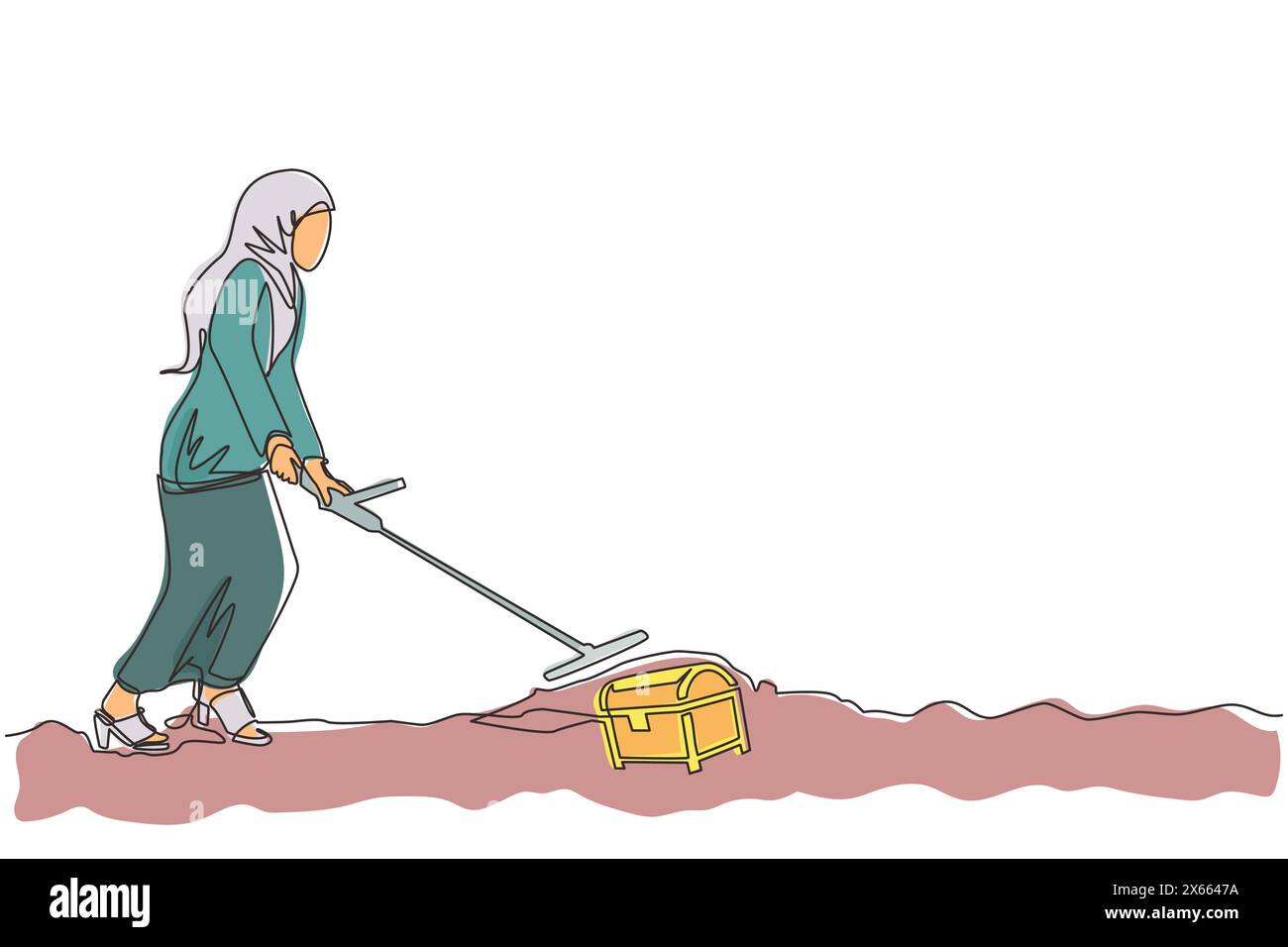 Durchgehende einzeilige arabische Geschäftsfrau mit Metalldetektor auf der Suche nach Schatzkiste. Schatzsucherin mit Metalldetektor, die Preci findet Stock Vektor